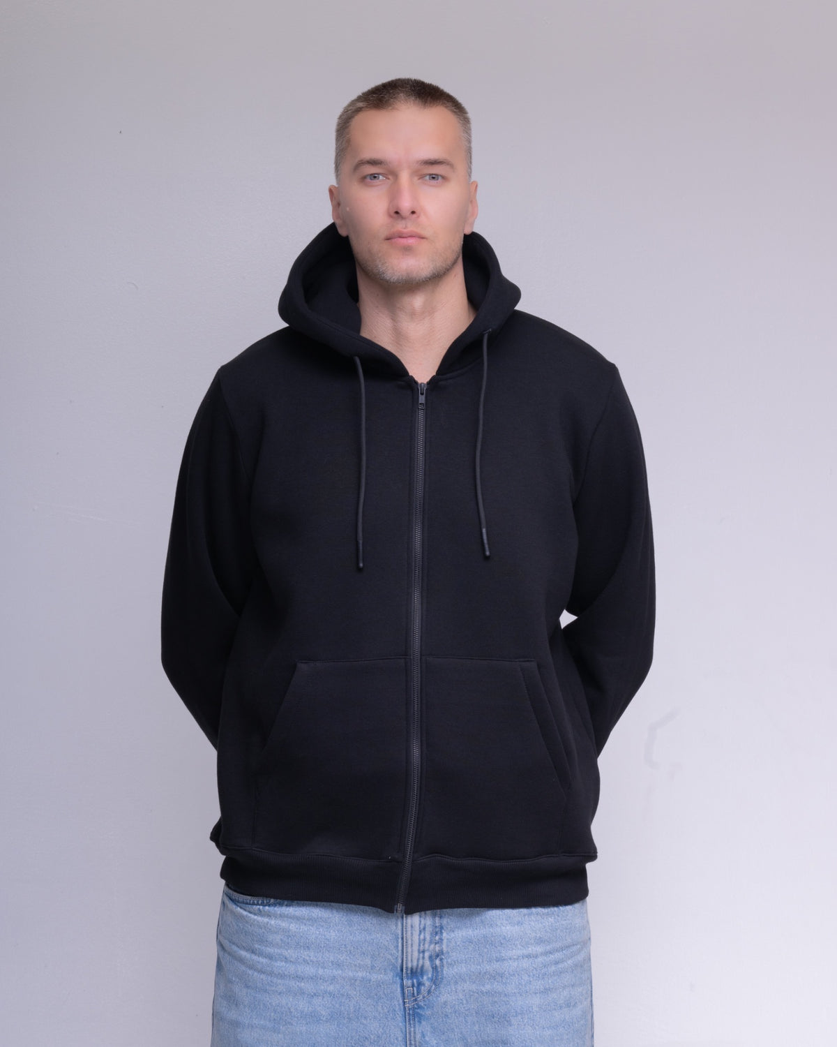 Black oversized full zip hoodie, view 1