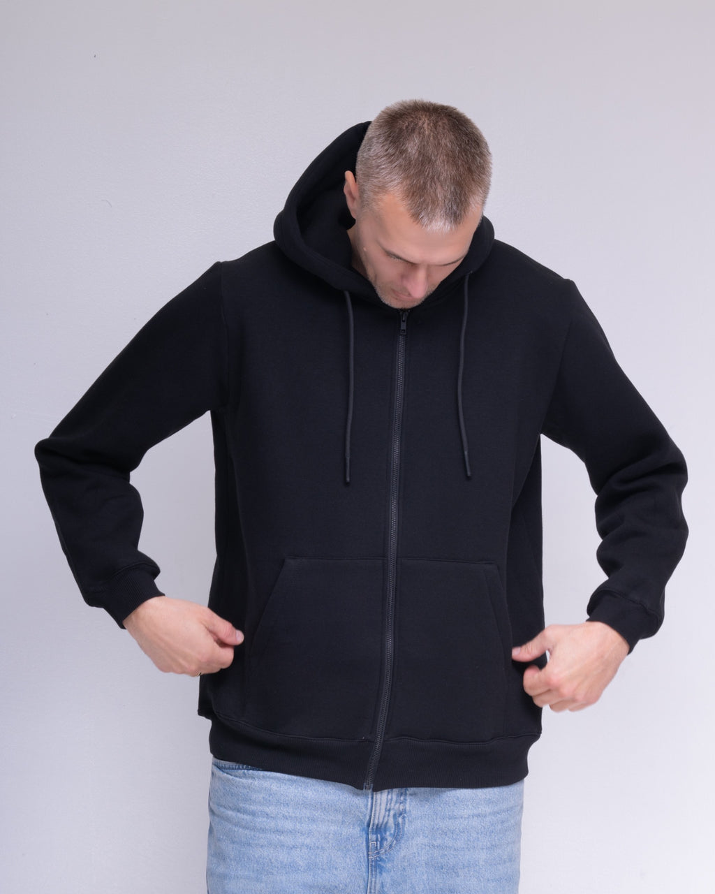 Black oversized full zip hoodie, view 3