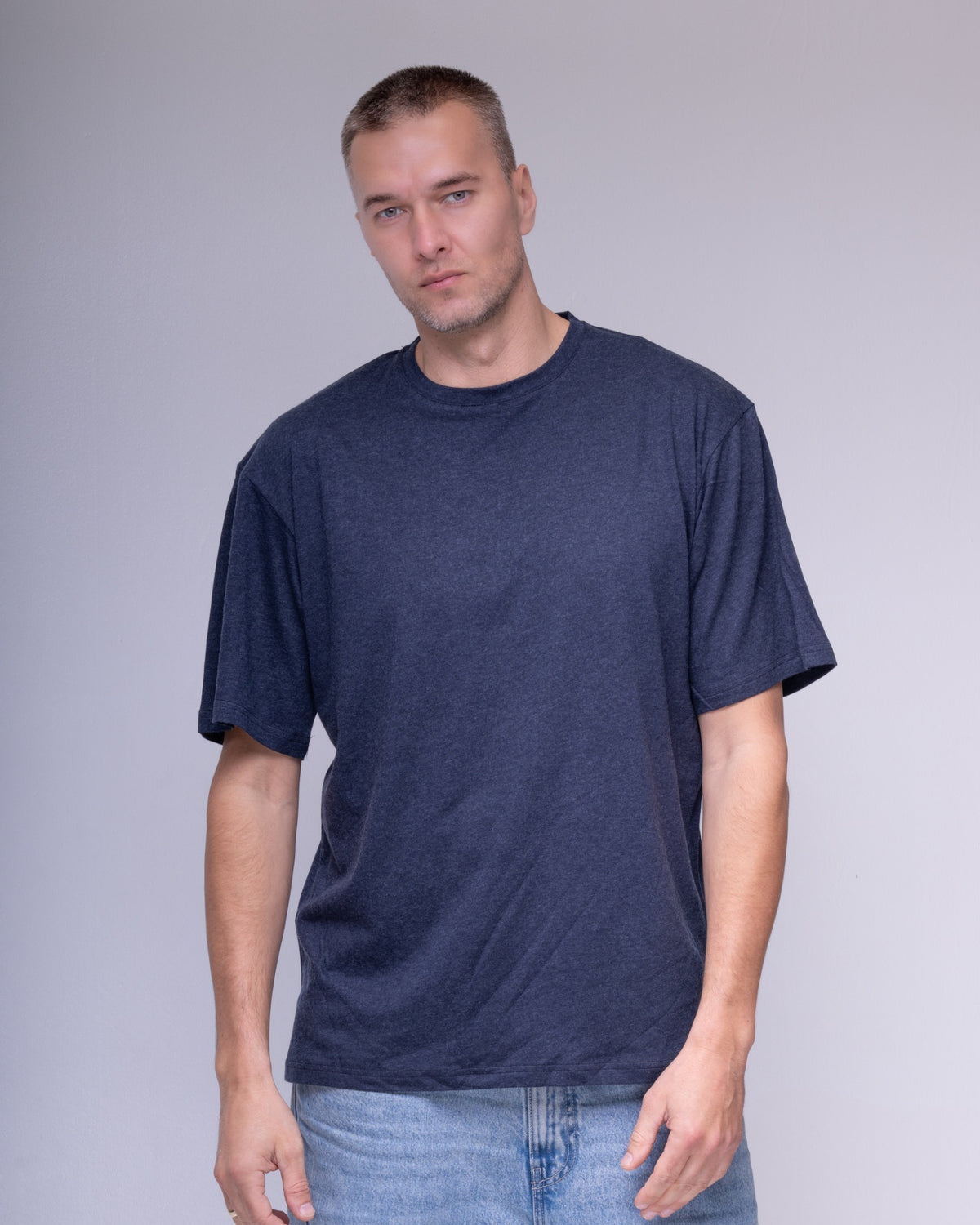 Navy melange oversized cotton and wool T-shirt, model view 1