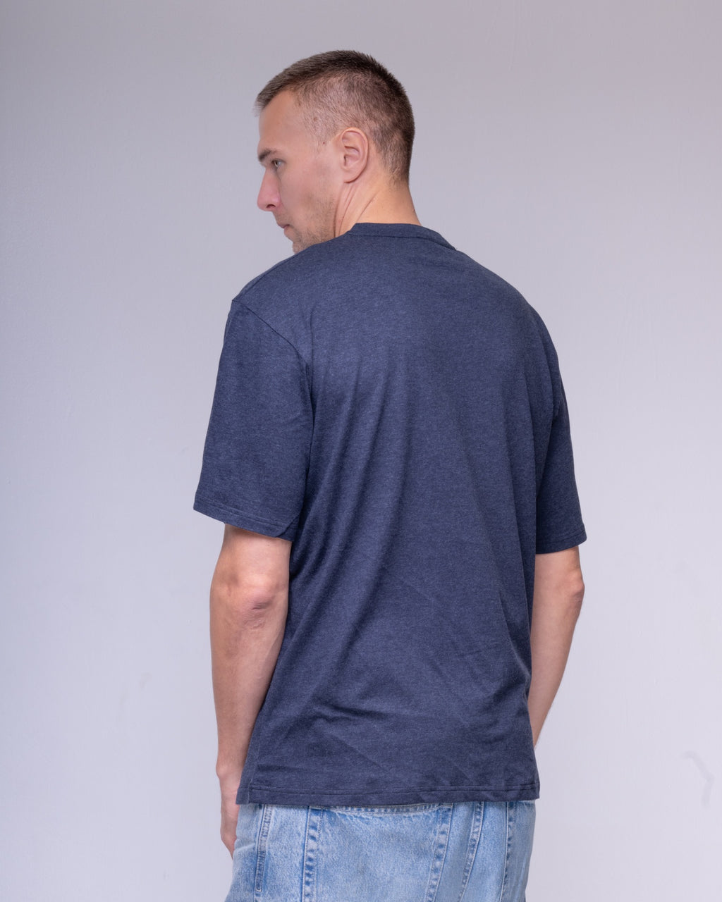 Navy melange oversized cotton and wool T-shirt, model view 3