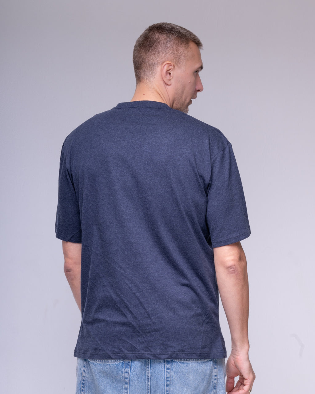 Navy melange oversized cotton and wool T-shirt, model view 4