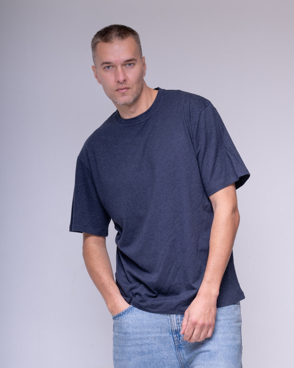 Navy melange oversized cotton and wool T-shirt, model view 5
