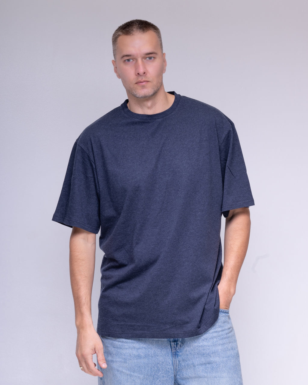 Navy melange oversized cotton and wool T-shirt, model view 7