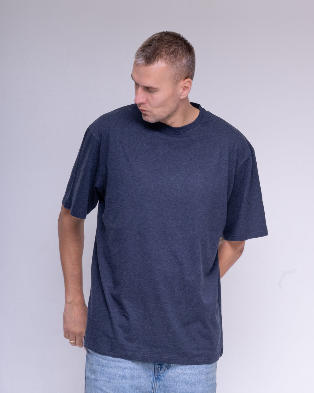 Navy melange oversized cotton and wool T-shirt, model view 9